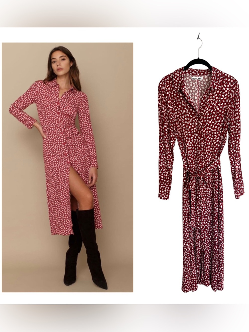 Reformation Brighton red floral long sleeve button front midi dress sz S retro